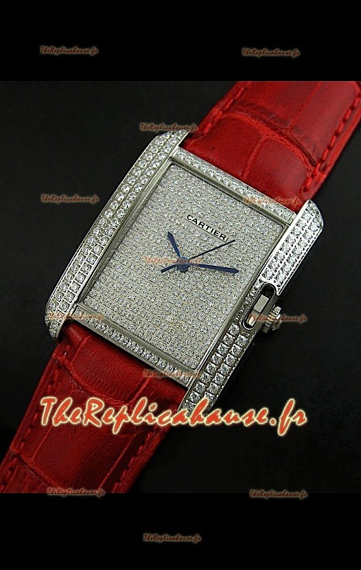 Cartier Tank Anglaise Reproduction Montre Pour Femmes en Acier/Bracelet Rouge