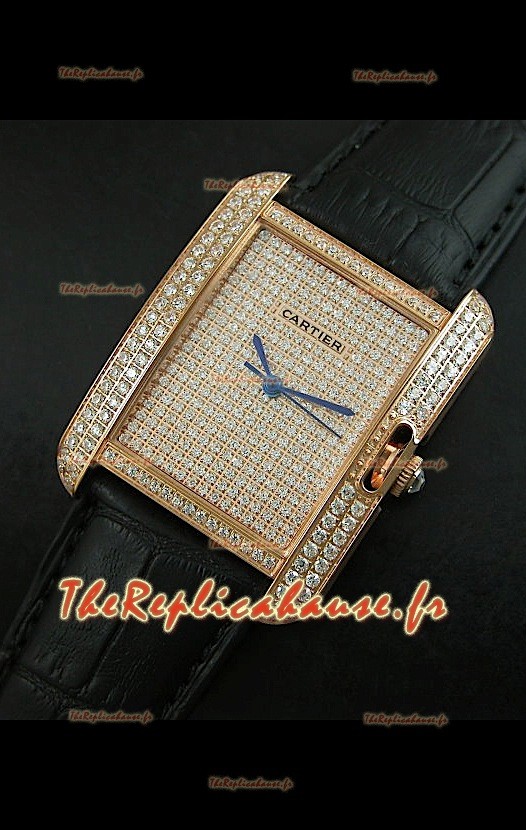 Cartier Tank Anglaise Reproduction Montre Pour Femmes avec Boitier en Or/Bracelet Noir