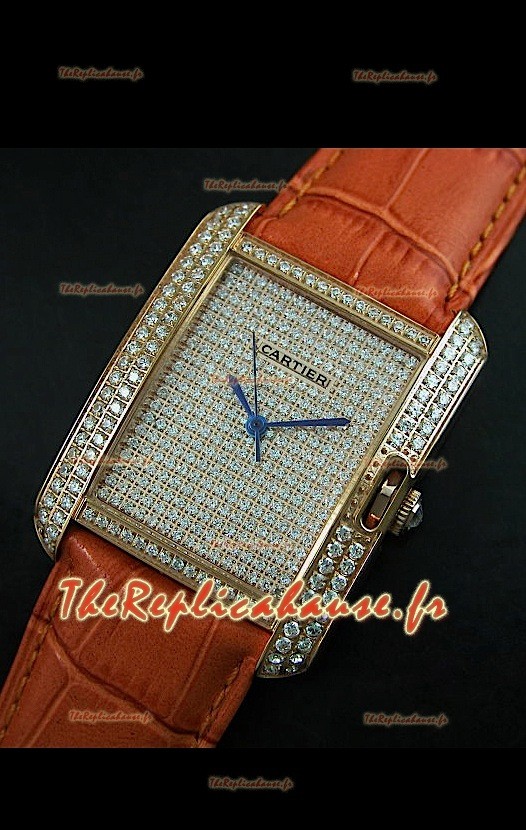 Cartier Tank Anglaise Reproduction Montre Pour Femmes avec Boitier en Or/Bracelet Marron