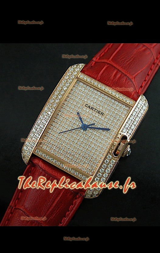 Cartier Tank Anglaise Reproduction Montre Pour Femmes avec Boitier en Or/Bracelet Rouge