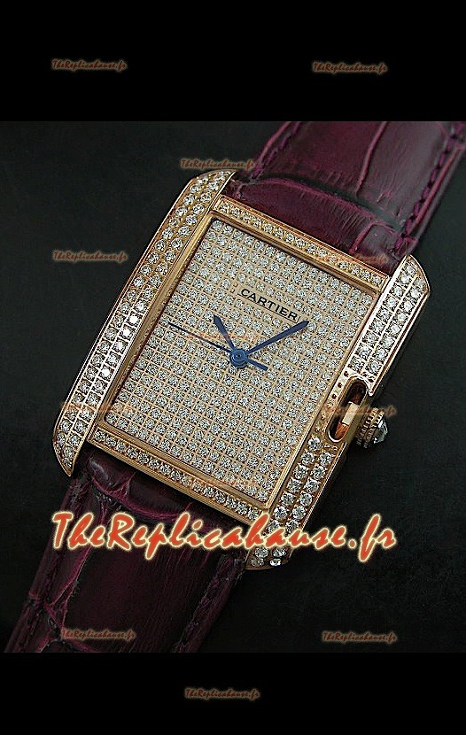 Cartier Tank Anglaise Reproduction Montre Pour Femmes avec Boitier en Or/Bracelet Bordeaux