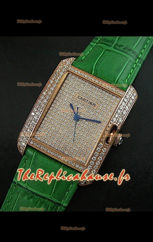 Cartier Tank Anglaise Reproduction Montre Pour Femmes avec Boitier en Or/Bracelet Vert