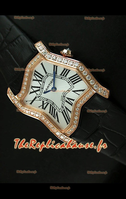 Cartier Tank Folle Reproduction Montre Pour Femme avec Boitier en Or Jaune/Bracelet Noir
