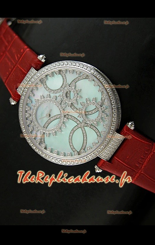 Cartier Reproduction Montre avec Lunette Cadran Incrustés de Diamants dans un Boitier en Acier/Bracelet Rouge