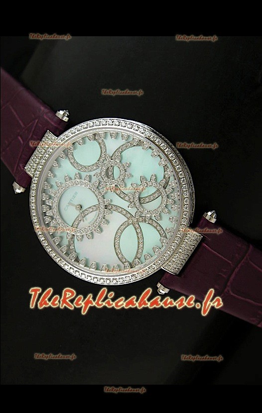 Cartier Reproduction Montre avec Lunette Cadran Incrustés de Diamants dans un Boitier en Acier/Bracelet Bordeaux