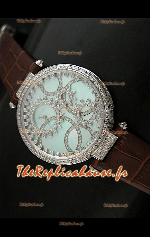 Cartier Reproduction Montre avec Lunette Cadran Incrustés de Diamants dans un Boitier en Acier/Bracelet Marron