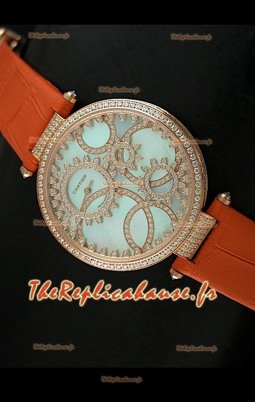 Cartier Reproduction Montre avec Lunette Cadran Incrustés de Diamants dans un Boitier en Or/Bracelet Orange