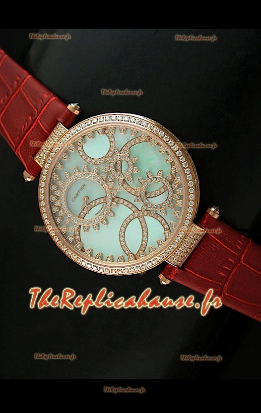 Cartier Reproduction Montre avec Lunette Cadran Incrustés de Diamants dans un Boitier en Or/Bracelet Marron