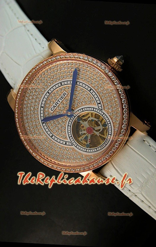 Ronde de Cartier Tourbillon Reproduction Montre Boitier en Or Rose - Bracelet Blanc
