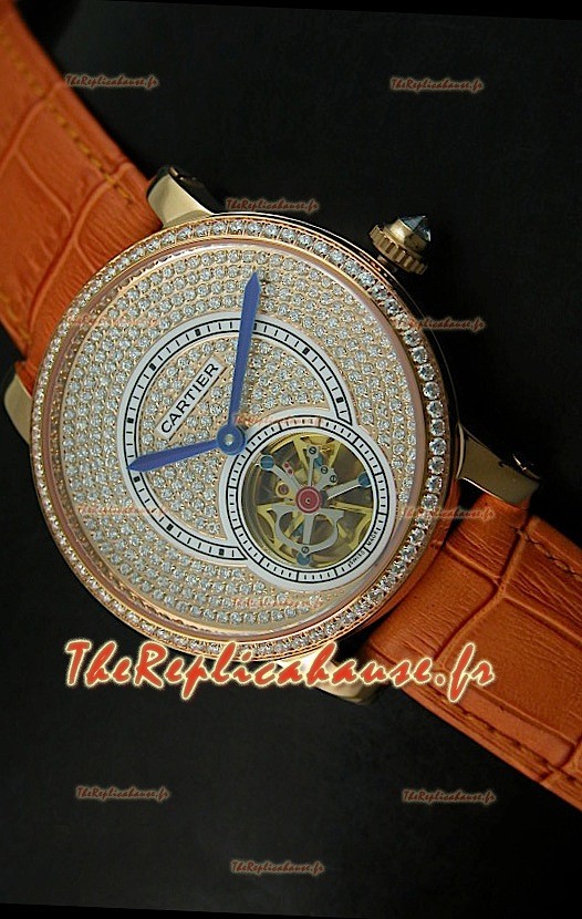 Ronde de Cartier Tourbillon Reproduction Montre Boitier en Or Rose - Bracelet Marron