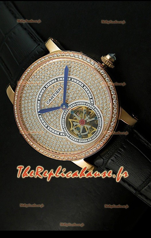Ronde de Cartier Tourbillon Reproduction Montre Boitier en Or Rose - Bracelet Noir