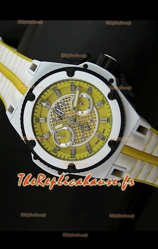 Hublot King Power Edition Ferrari Reproduction Montre Suisse - Bracelet Blanc/Jaune