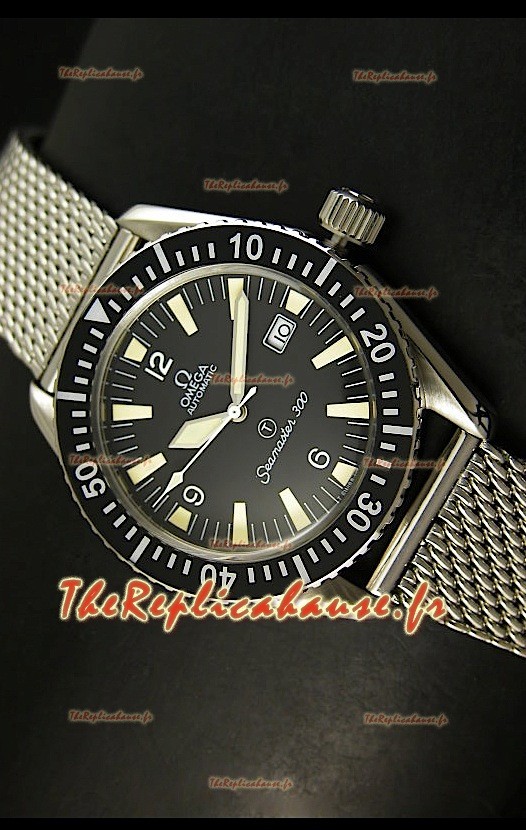 Omega Seamaster 300 R - Montre Suisse a Cadran Noir Armée de Mer avec Bracelet en Maille