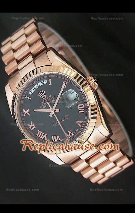Rolex DayDate Swiss Replica Montre en Or Rose et Cadran Noir