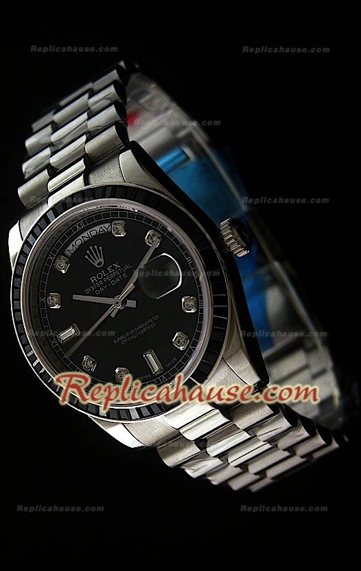 Rolex DayDate Swiss Replica Montre avec Cadran Noir - Index Horaires en Diamant
