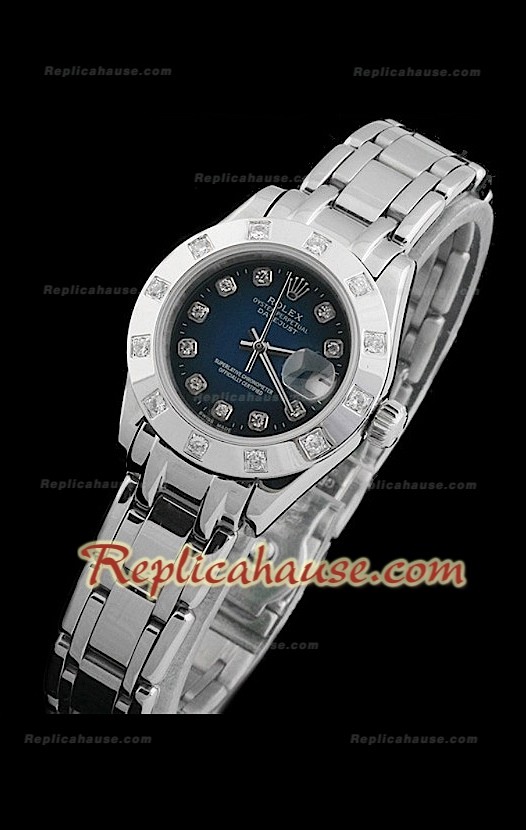 Rolex Datejust Femmes Swiss Replica Montre avec Cadran Bleu foncé Index Horaires en Diamant