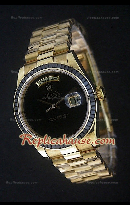 Rolex DayDate Swiss Replica Montre en Or Jaune et Cadran Noir