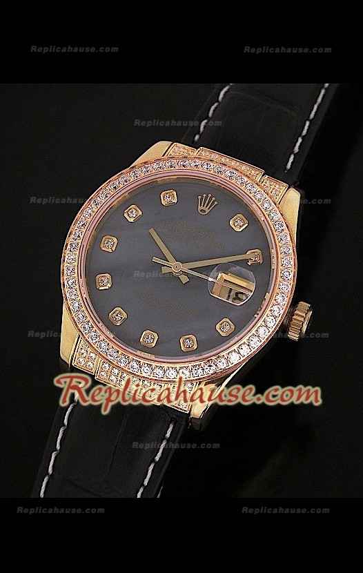 Rolex Datejust Mens Swiss Replica Montre avec Cadran Nacré Bracelet Cuir