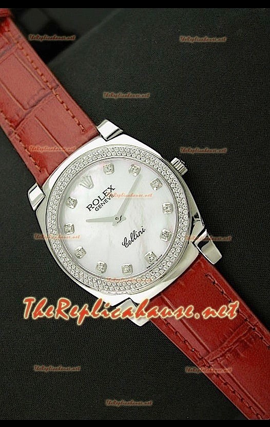 Rolex Cellini Japanese Quartz Replica Bracelet Cuir Chiffres en Diamant Face Perle