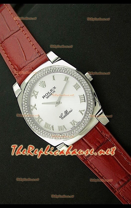 Rolex Cellini Japanese Quartz Replica Bracelet Cuir Lunette de Diamants Face Romaine Blanche