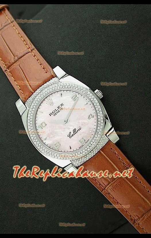 Rolex Cellini Japanese Quartz Replica Bracelet Cuir Lunette de Diamants Face Perle Rose