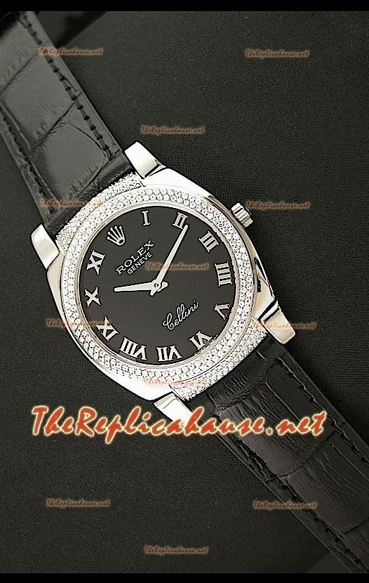 Rolex Cellini Japanese Quartz Replica Bracelet Cuir Lunette de Diamants Face Romaine Noire