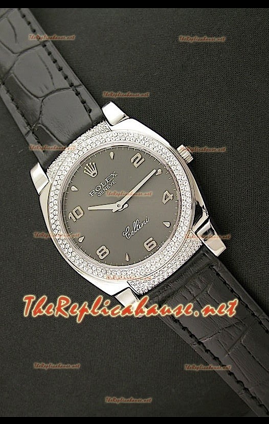 Rolex Cellini Japanese Quartz Replica Bracelet Cuir Noir Lunette de Diamants Face Noire