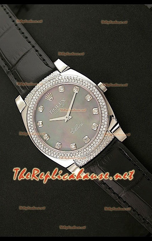 Rolex Cellini Japanese Quartz Replica Face Toute en Perle Diamant Noir