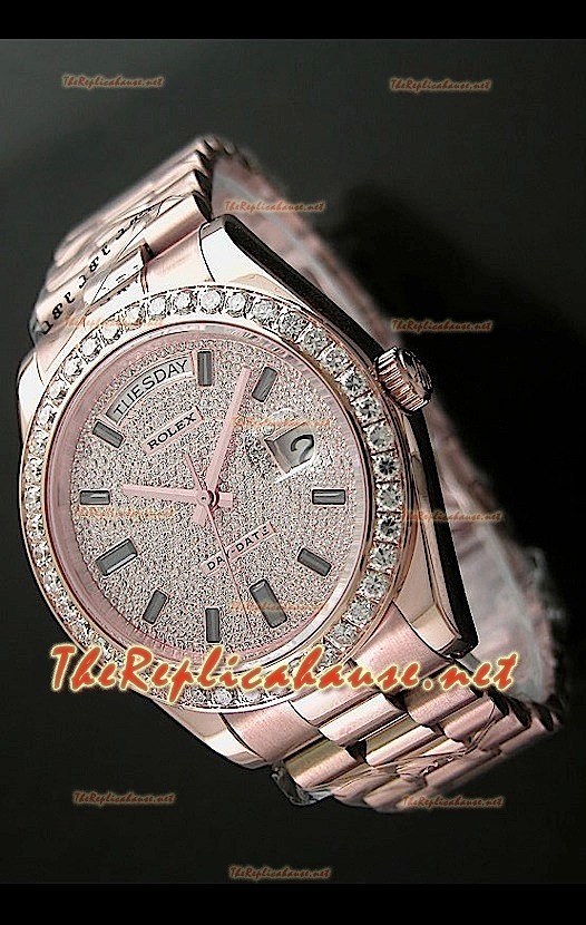 Rolex Day Date II Swiss Montre - 41 mm avec Lunette de Diamants Ronds et Or Rose l 