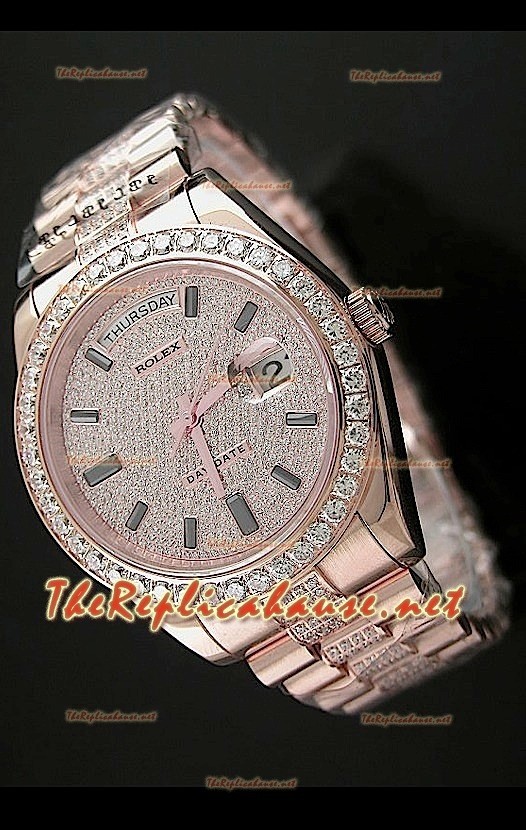 Rolex Day Date II Swiss Montre - 41 mm avec Lunette de Diamants Ronds et Or Rose 