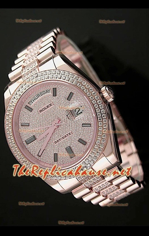 Rolex Day Date II Swiss Montre - 41 mm avec Lunette de Diamants Ronds et Or Rose 