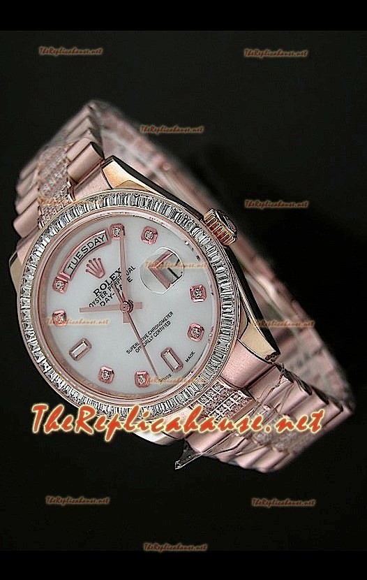 Rolex Day Date Swiss Replica Montre - Taille Moyenne 37 mm - Cadran Everose MOP 