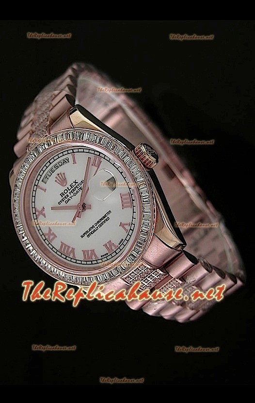 Rolex Day Date Swiss Replica Montre - Taille Moyenne 37 mm - Cadran Blanc Everose 