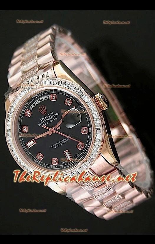 Rolex Day Date Swiss Replica Montre - Taille Moyenne 37 mm - Cadran Noir Everose 