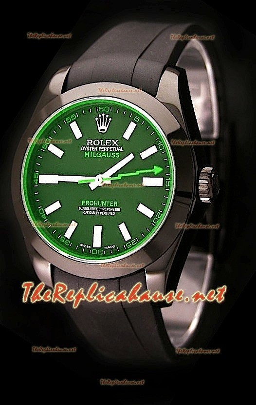 Rolex Milgauss Pro Hunter Swiss Montre avec Bracelet en Caoutchouc et Saphir Vert