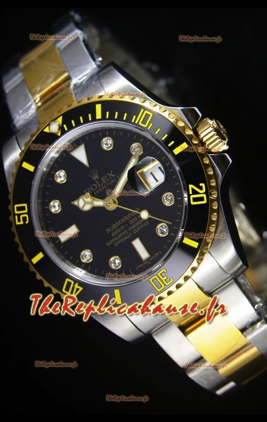 Montre suisse Rolex Submariner avec cadran noir et indicateurs des heures en diamant