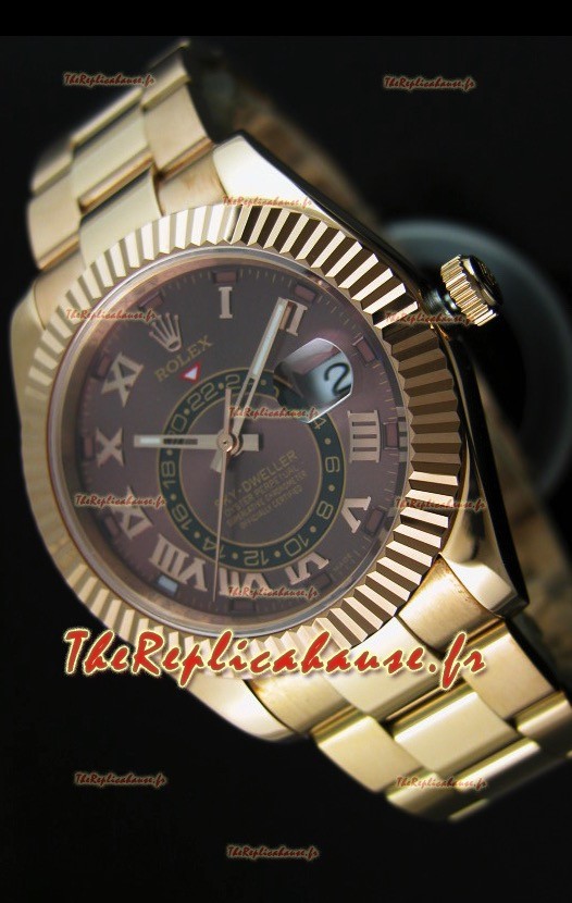 Montre en or jaune 18K Rolex Sky-Dweller avec chiffres romains sur cadran marron