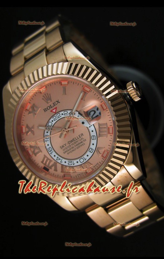 Montre en or rose 18K Rolex Sky-Dweller avec chiffres romains sur cadran saumon