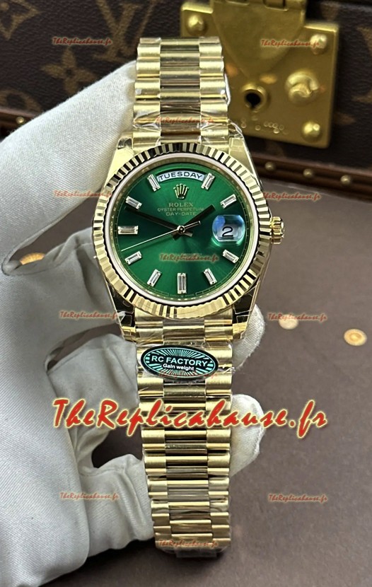 Montre Rolex Day-Date 228238 en or jaune, cadran en cristal vert, réplique parfaite