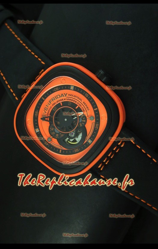 SevenFriday P-32 noire et orange avec mouvement Miyota 82S7 original - Qualité miroir 1:1