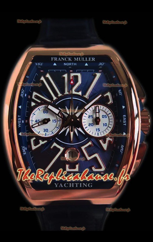 Franck Muller Vanguard montre suisse chronographe en or rose de 18 carats cadran bleu 