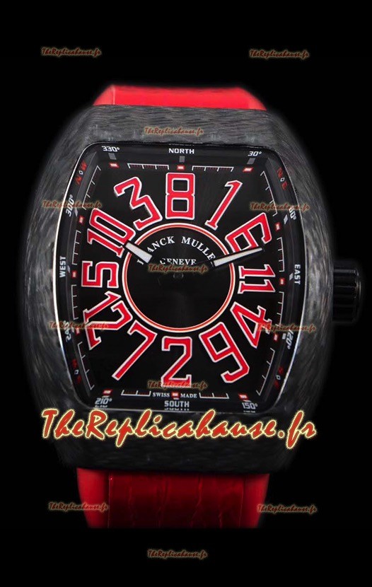 Franck Muller Vanguard montre suisse indexes rouges boîtier en carbone 