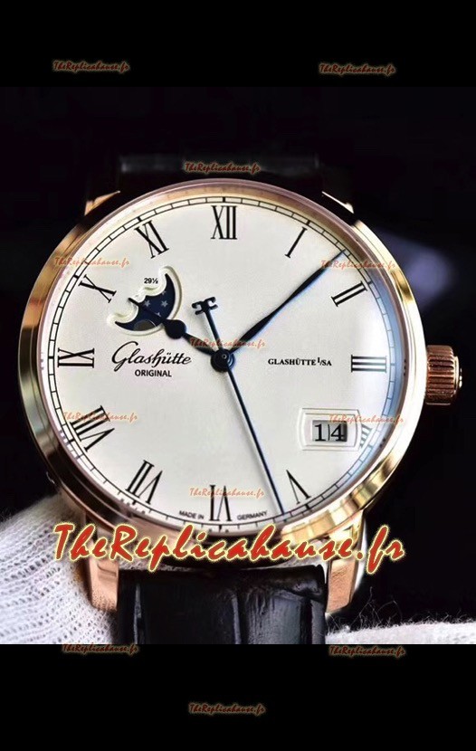 Glashuette Senator Excellence Panorama Date Phase de Lune montre suisse en or rose