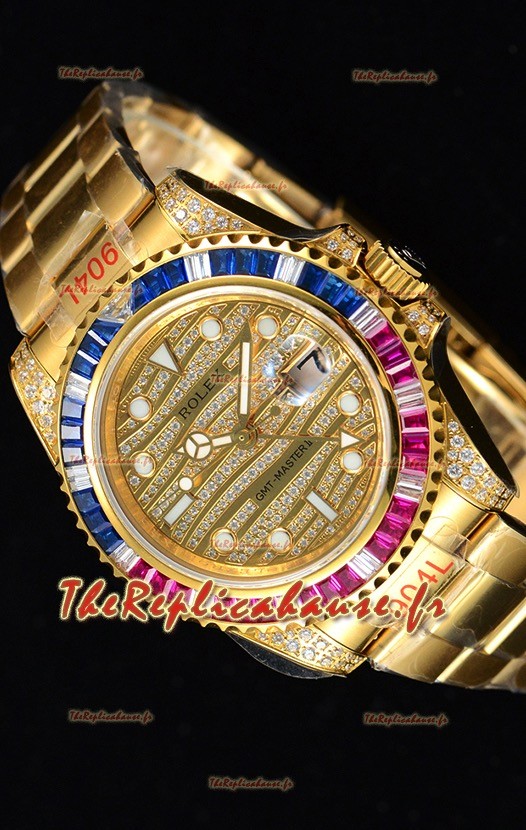 Rolex GMT Masters II glacé montre suisse avec boîtier en or jaune 904L