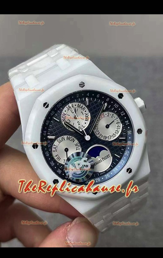 Montre Audemars Piguet Royal Oak Calendrier Perpétuel Réplique Suisse Boîtier PVD blanc et cadran bleu 