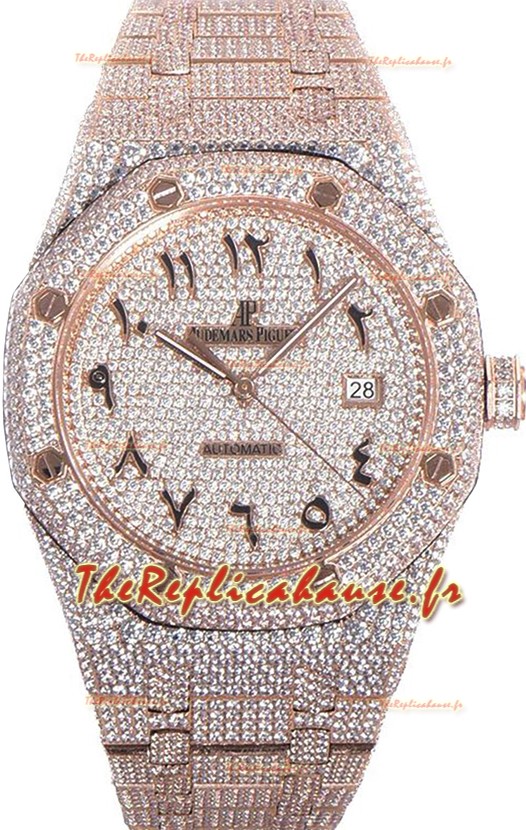 Audemars Piguet Royal Oak 15400 Iced Out Cadran Arabe en Boîtier Or Rose Réplique Montre Suisse