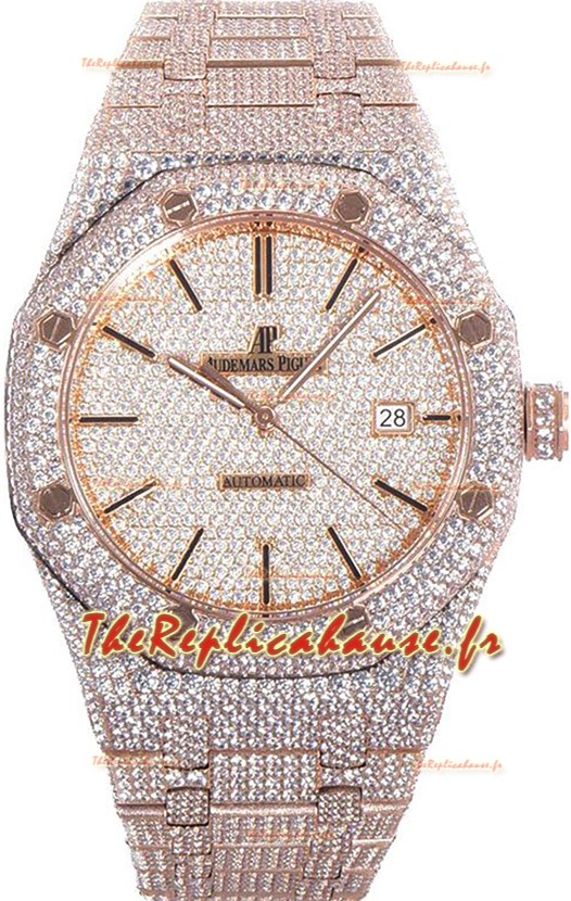 Audemars Piguet Royal Oak 15400 Iced Out Cadran à bâtons dans un boîtier en or rose Réplique de montre suisse