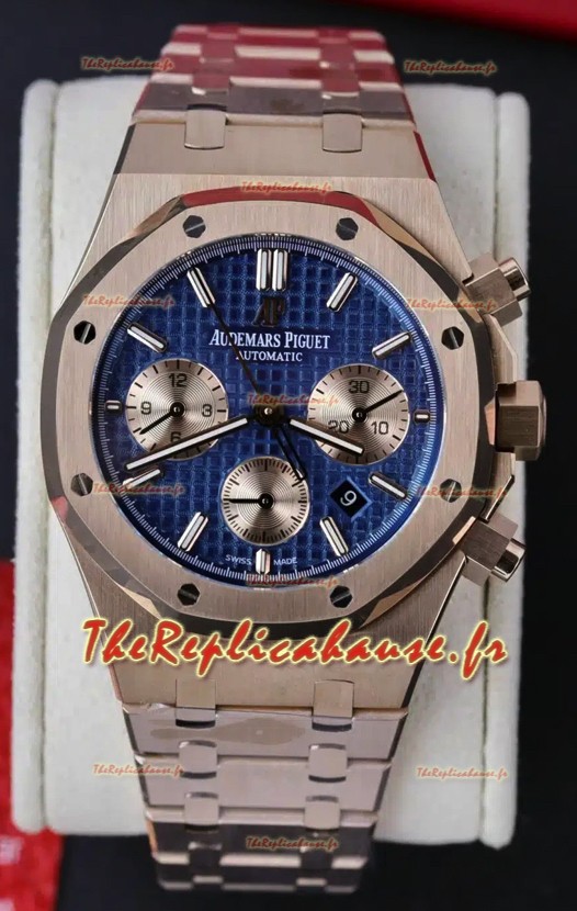 Audemars Piguet Royal Oak Chronograph Rose Gold Blue Dial Steel Strap Swiss Replica Watch