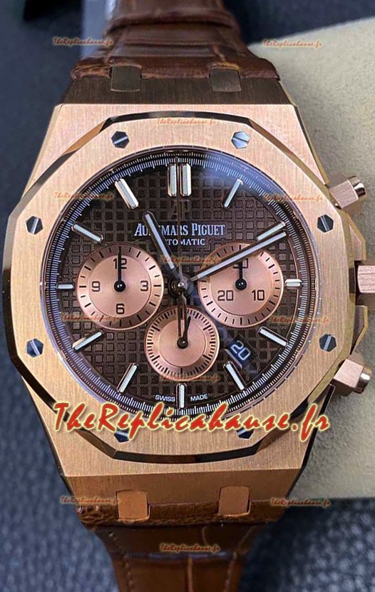 Audemars Piguet Royal Oak Chronograph Or Rose Cadran Marron Bracelet Cuir Réplique Montre Suisse