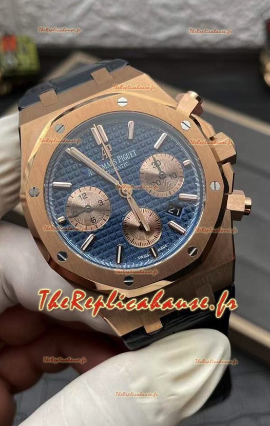 Audemars Piguet Royal Oak Chronograph Or Rose Cadran Bleu Bracelet Cuir Montre réplique suisse